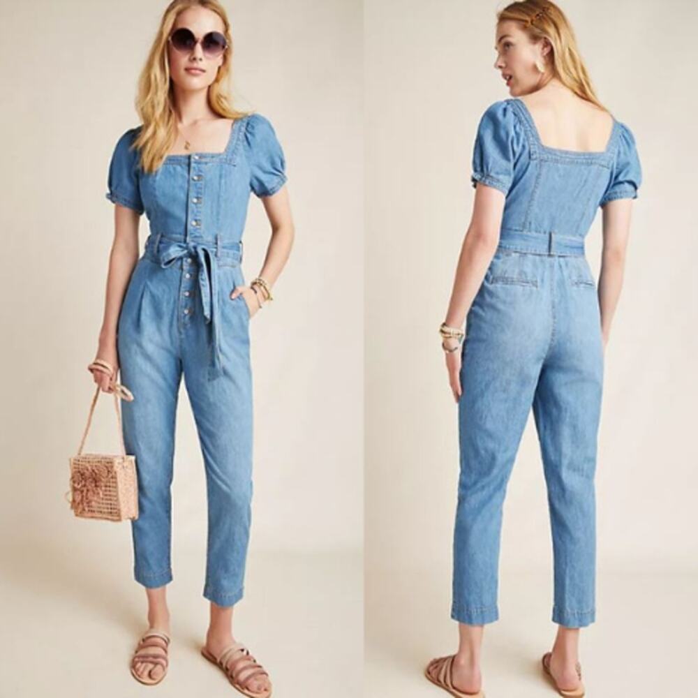 Anthropologie Pilcro Square-Necked Denim Jumpsuit Slim Straight Leg Boho Travel